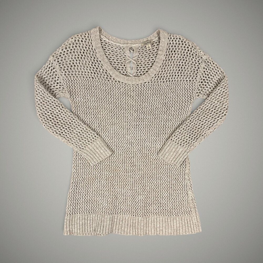Lucky Brand Women's Open Knit Sweater Beige Crochet Keyhole Back Boho Size Sm